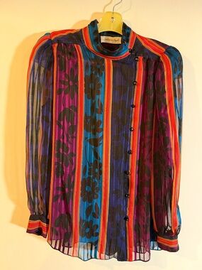 Adrianna Papell Multicolor Striped Floral Button-Up Blouse - Blue/Purple/Red